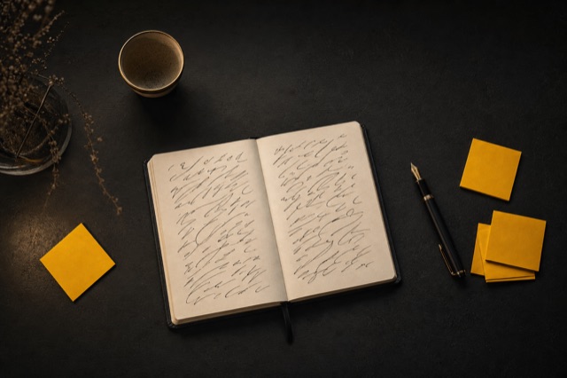 Un carnet ouvert avec des traits de plume illisibles, un stylo et des notes adhésives jaunes sur un bureau sombre