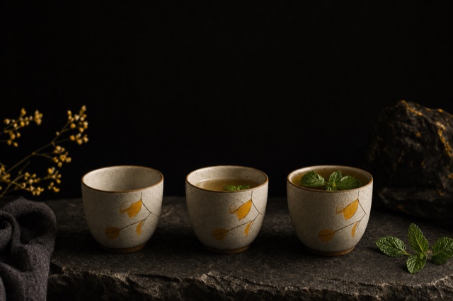 Trois tasses en céramique sur une pierre sombre : une vide, une à moitié pleine, une pleine de thé à la menthe