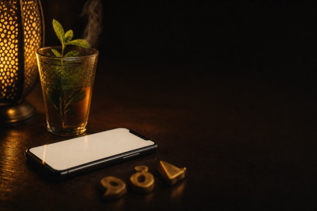 Un téléphone posé près d'un verre de thé à la menthe, avec trois petits jetons en laiton, sous une lampe